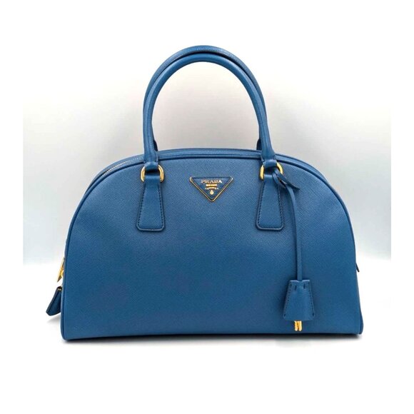 Pre-owned Prada Saffiano Lux Bowling Leather Handbag Cobalto - Picture 1 of 14